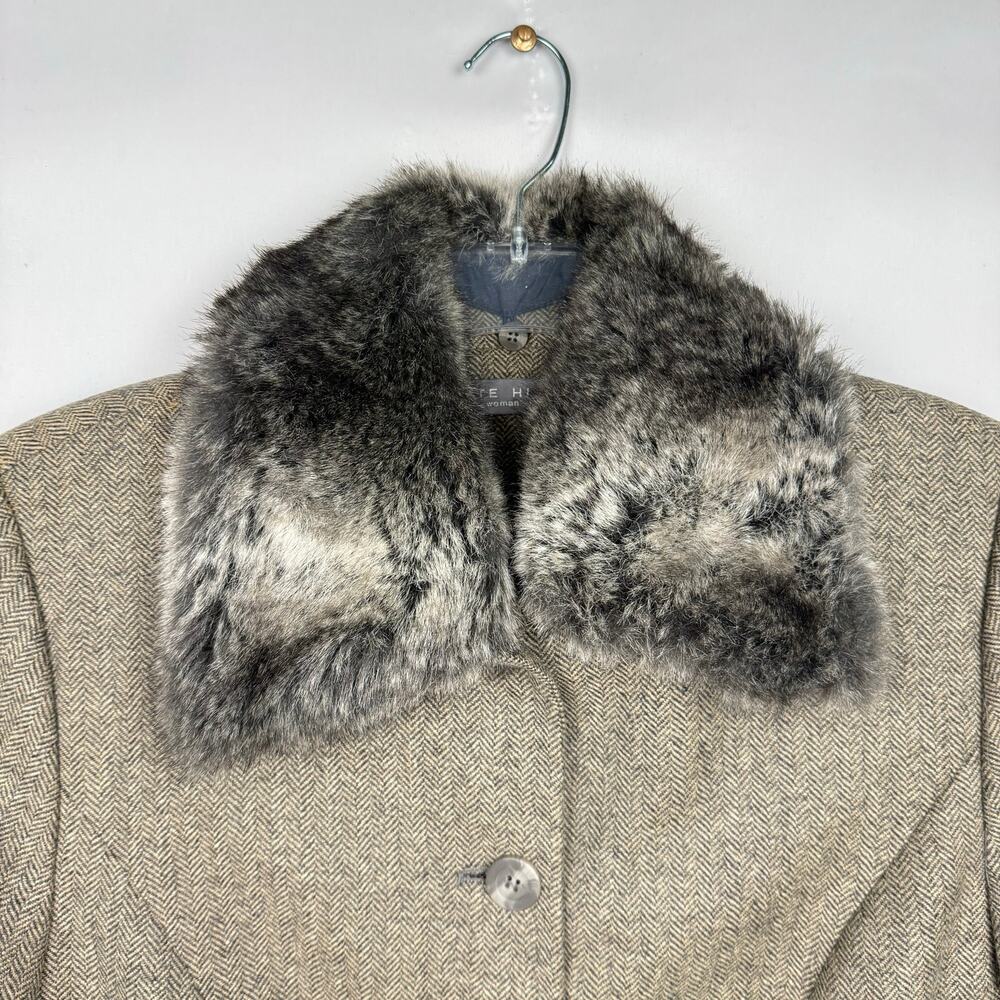 Kate Hill Wool Blend Herringbone Lightweight‎ Blazer Faux Fur Collar Jacket 14W - Picture 5 of 14